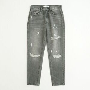 Kan Can Womens Distressed Mom Jeans Gray Denim High Rise Straight Ankle Sz 26